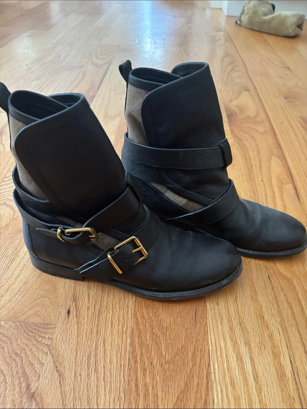 Women's Black Leather Ankle Boots with Gold Buckles Burberry
